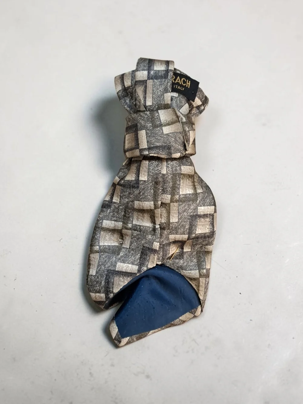 Brown/Gray Checked Necktie Necklace with Pearl & Bow Accent